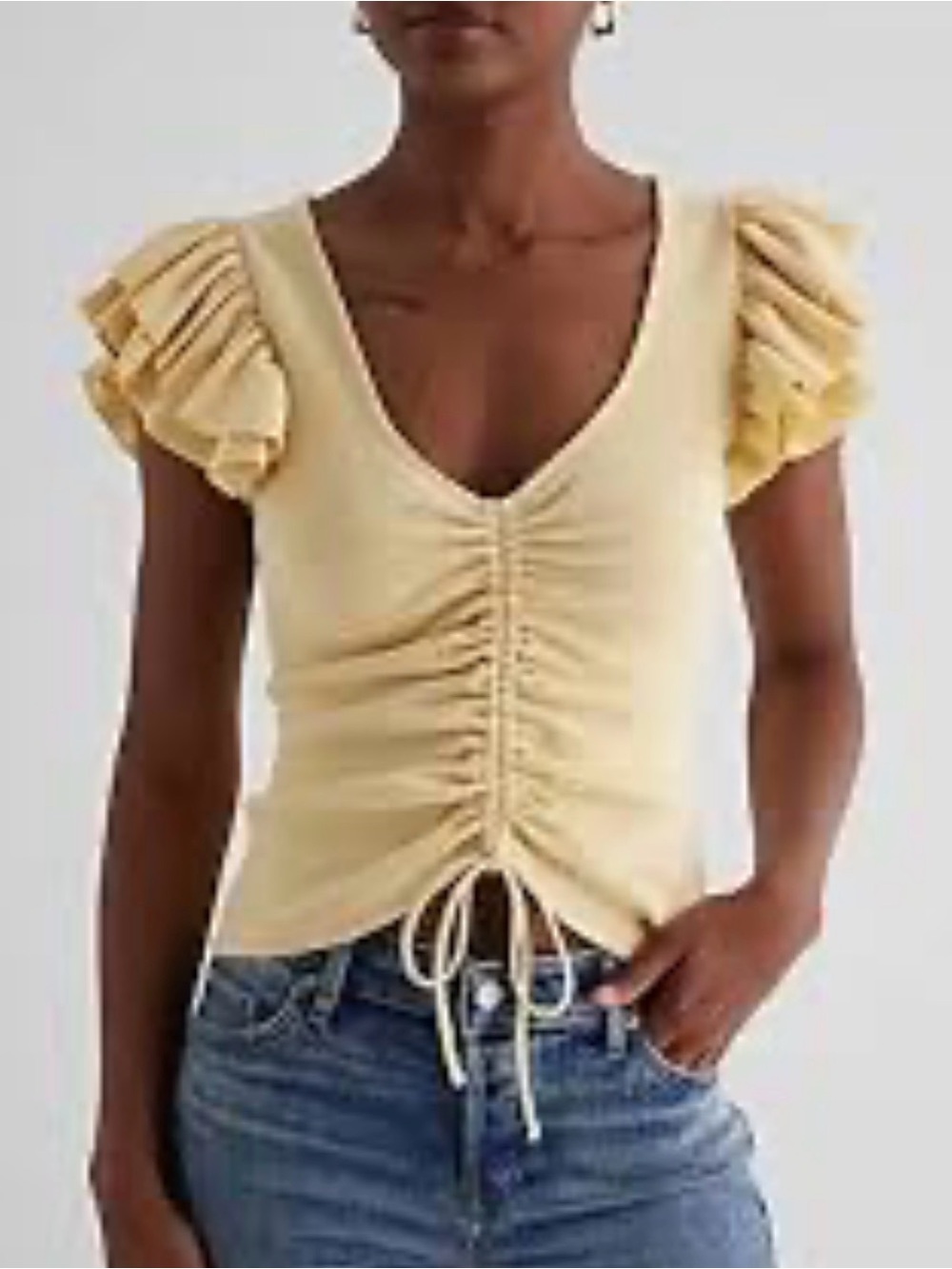 Express Ruched V-Neck Ruffle Sleeve Top in Pale Yellow